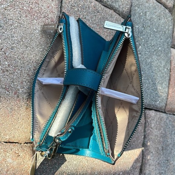 Michael Kors Large Double Zip Leather Wallet Wristlet Phone Case Lagoon - Picture 11 of 16